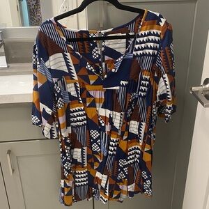 Anthropology Geometric Print Baby Doll Top - Blue, Orange, White 2X